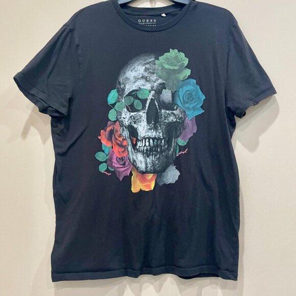 GUESS SKULL ROSES T-SHIRT BLACK EMO GOTHIC SIZE LARGE - Picture 3 of 12